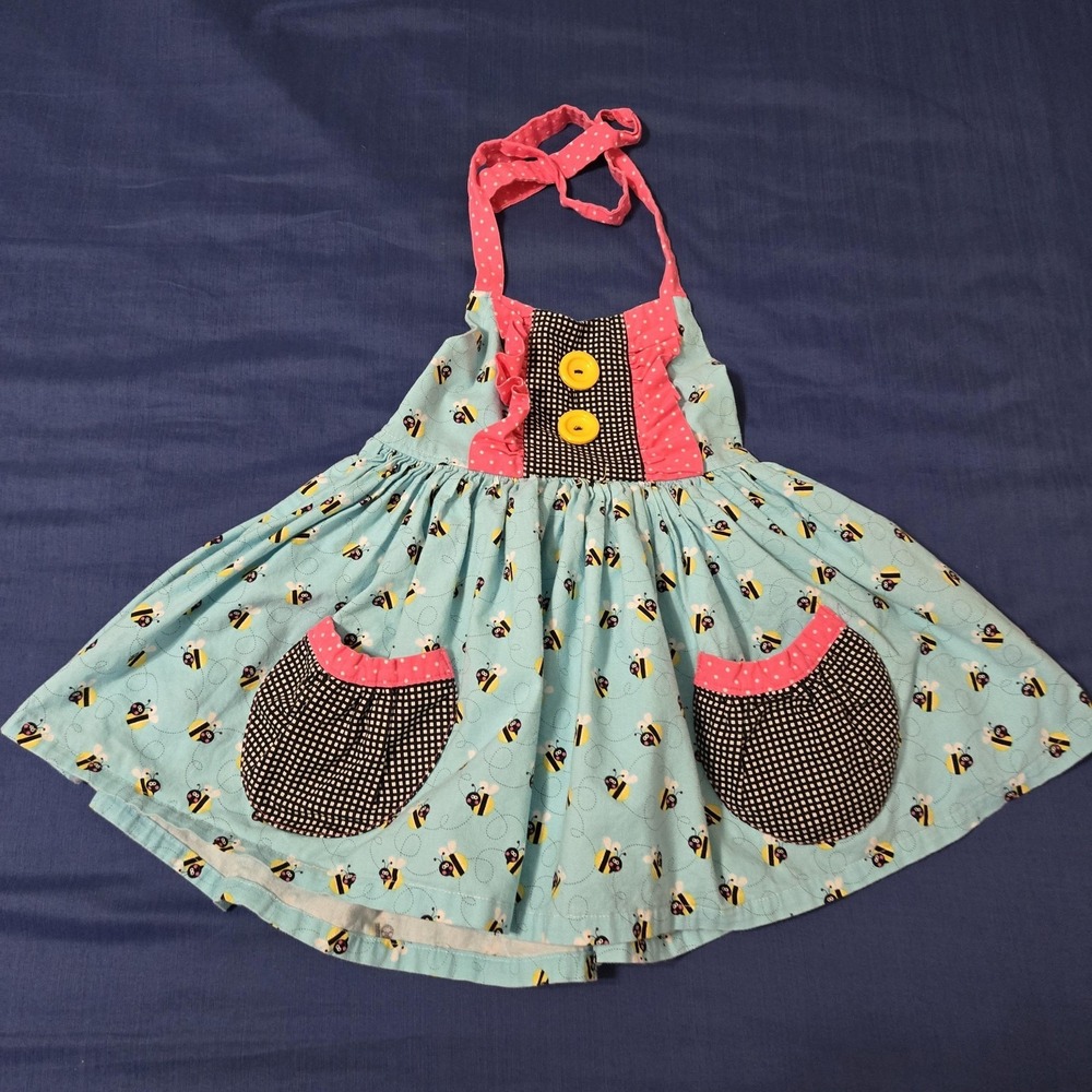 Sundress Girls 2T Blue Bee Cotton Sleeveless Halter Pockets Knee Length‎ Summer